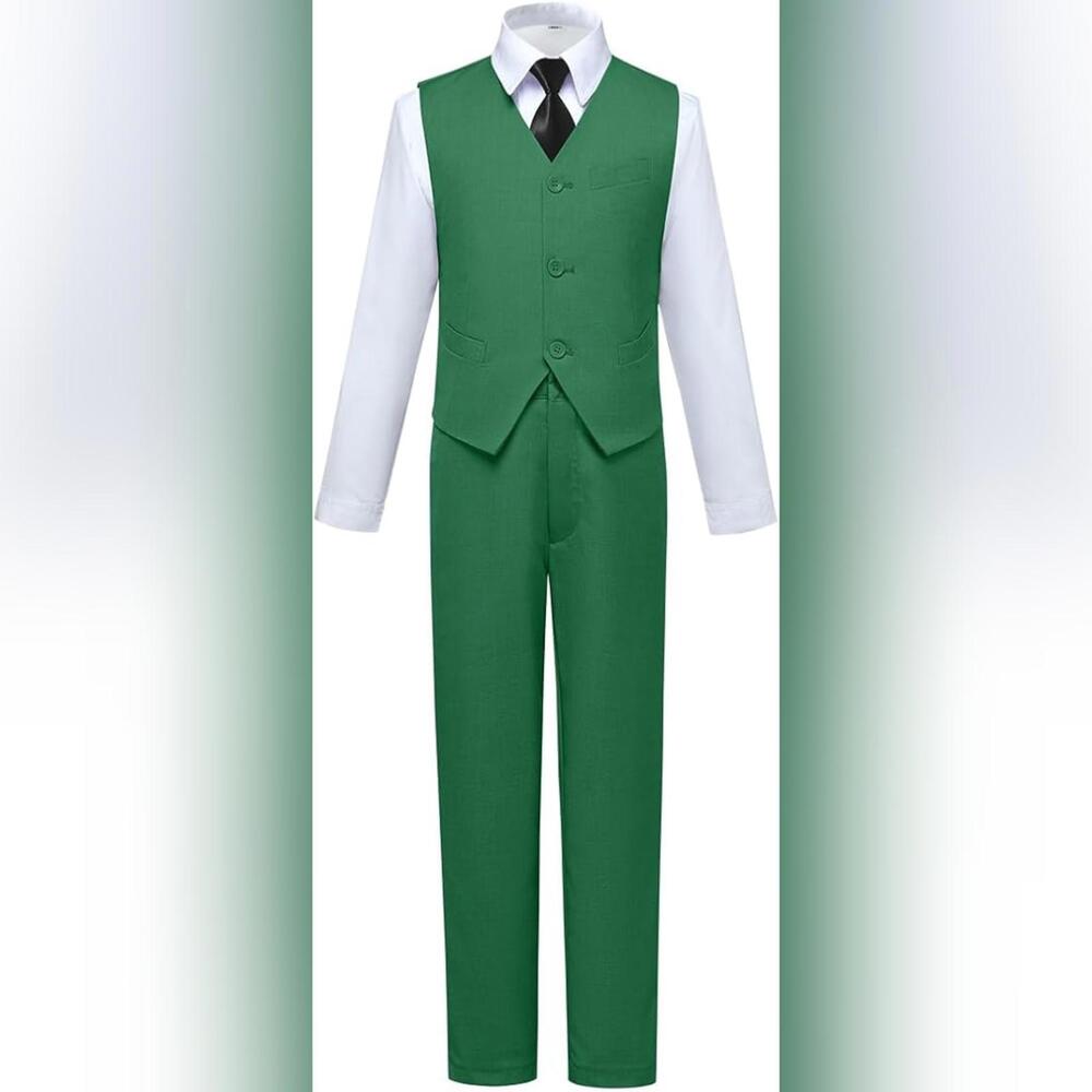 Green Boys' Formal Vest & Pants Set with White Shirt